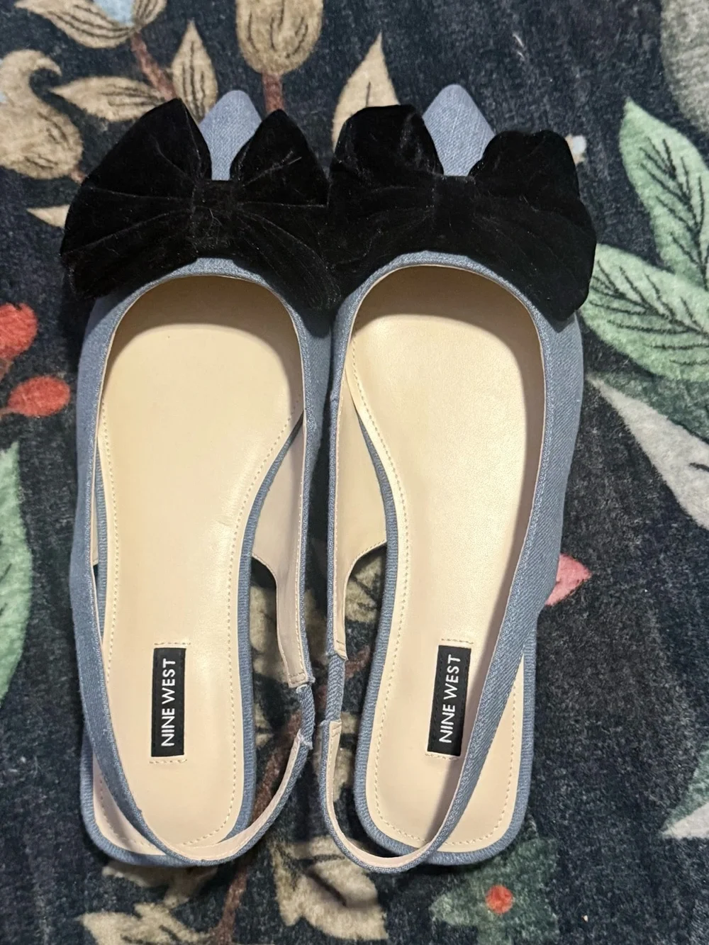 Nine West Blue Slingback Flats with Black Velvet Bow